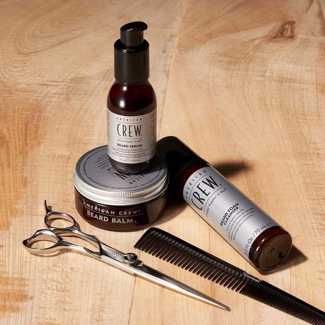 American Crew Beard Balm 50g showcasing natural ingredients and stylish packaging