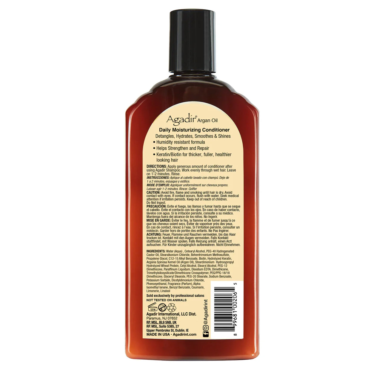 Back view of the conditioner bottle displaying product details and ingredient list.