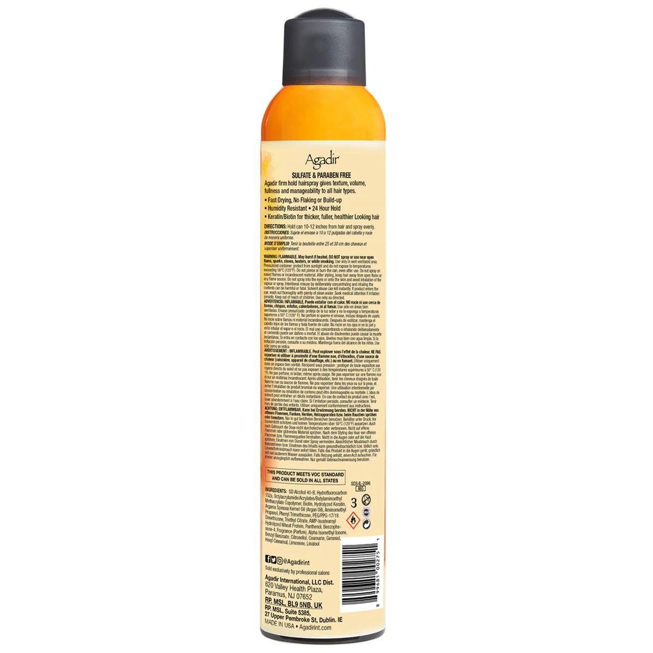Back view of the hair spray can displaying product details and ingredient list.