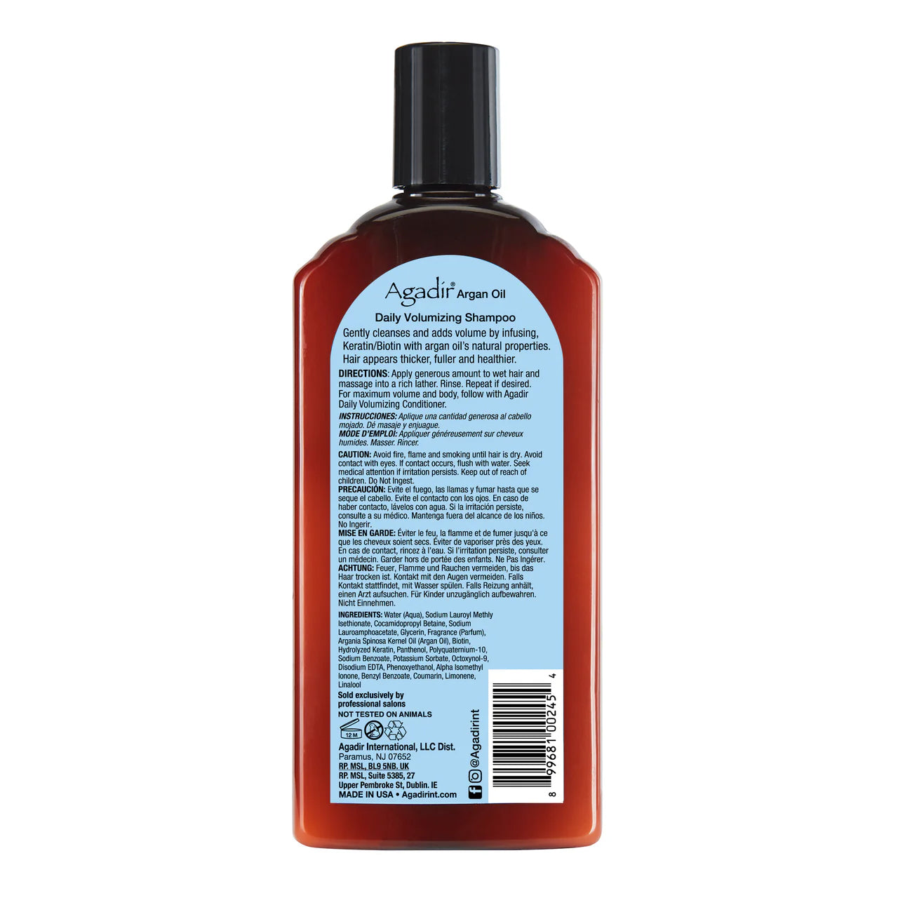 Back view of the shampoo bottle displaying product details and ingredient list.
