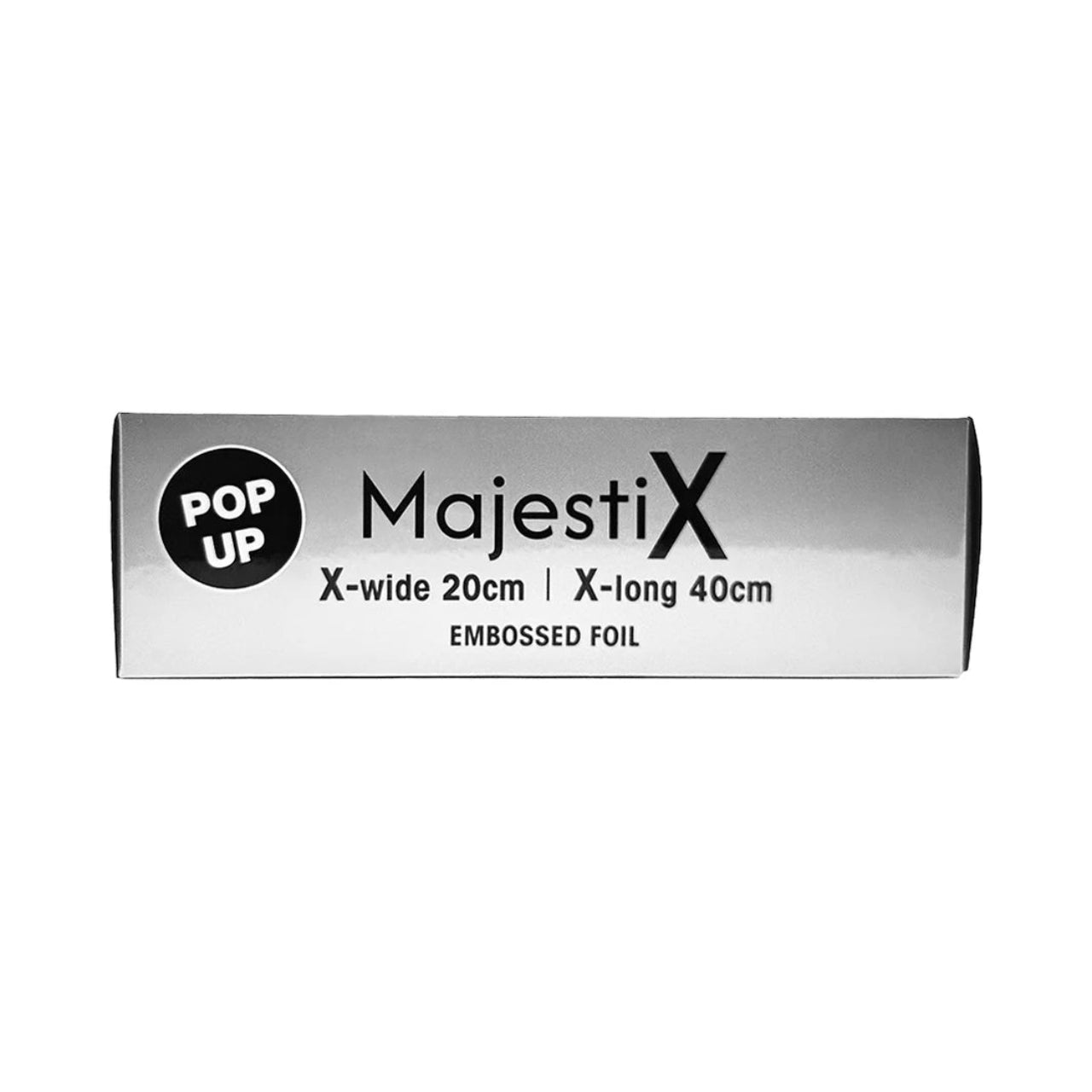 Contrast Professional MajestiX Pop Up Foil sheets dispensing from box showing 20x40cm X-wide format for professional hair coloring
