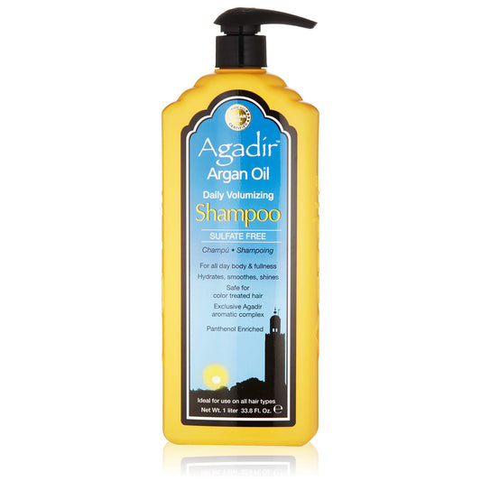 Front view of the Agadir Argan Oil Daily Volumising Shampoo 1L bottle with label facing forward.