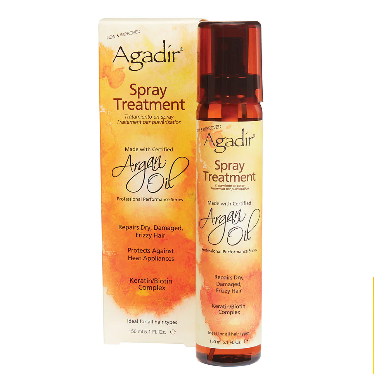 Front view of the Agadir Argan Oil Spray Treatment 150ml bottle with label facing forward.