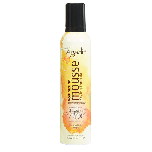 Front view of the Agadir Argan Oil Volumising Styling Mousse 241ml can with label facing forward.