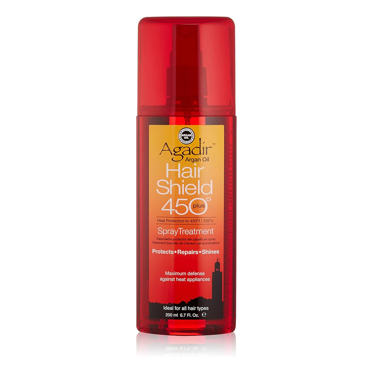 Front view of the Agadir Hair Shield 450 Plus Spray 200ml bottle with label facing forward.