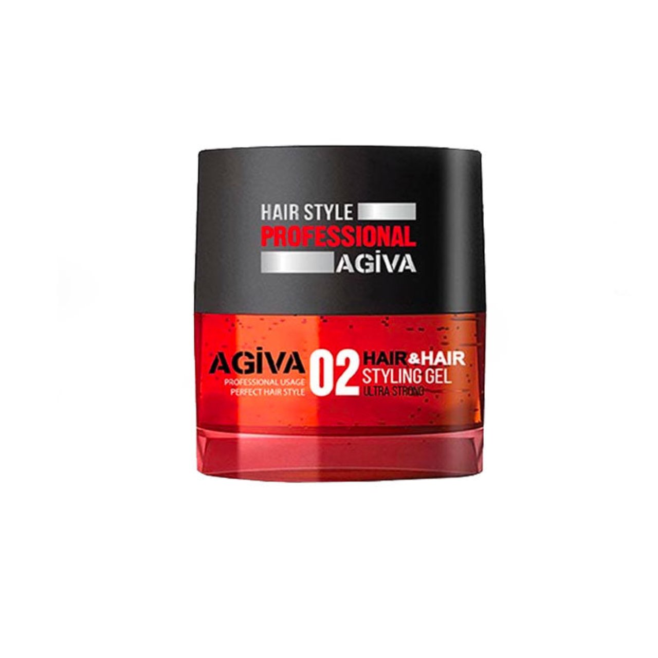 Front view of the Agiva Styling Gel Ultra Strong 02 Red 200ml jar with label facing forward.