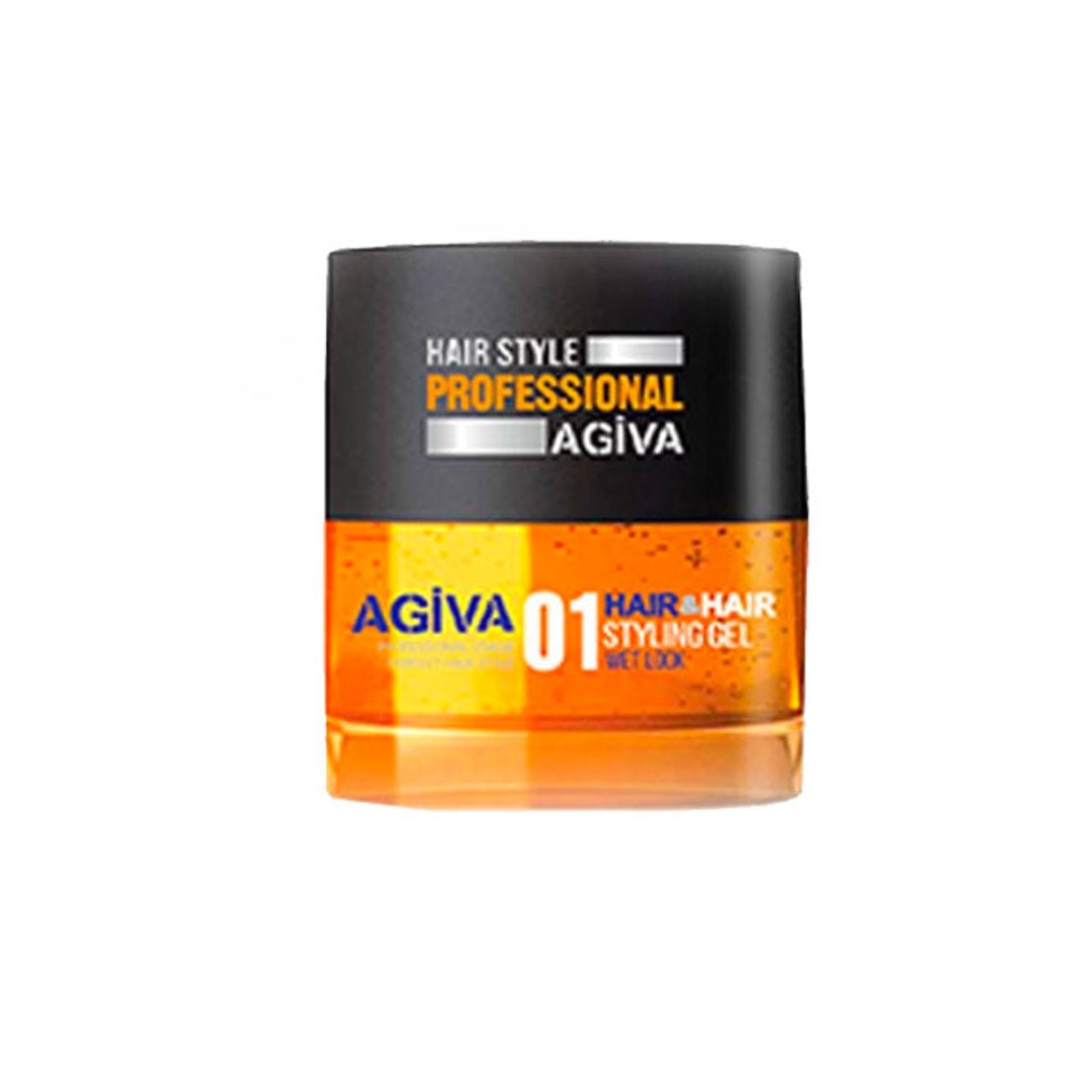 Front view of the Agiva Styling Gel Wet Look 01 Orange 700ml jar with label facing forward.