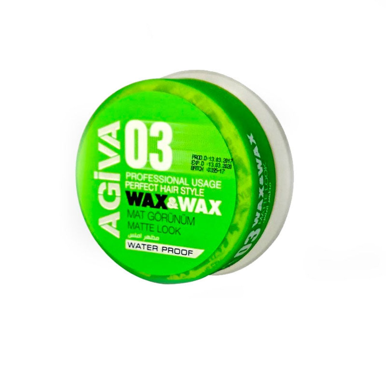 Front view of the Agiva Wax Matt Look 03 Green 150ml jar with label facing forward.