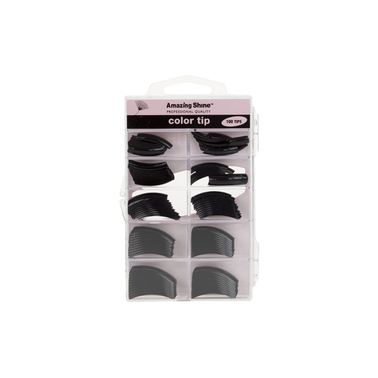 Front view of the Amazing Shine Coloured Nail Tips Jet Black 100pk packaging with nail tips displayed.
