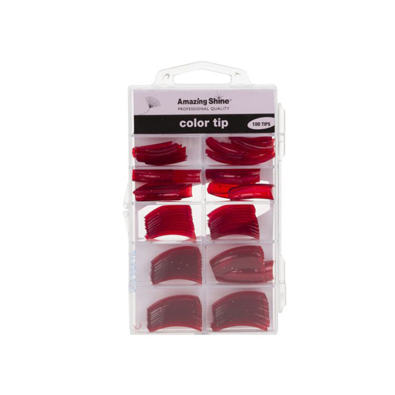 Front view of the Amazing Shine Coloured Nail Tips Siam Glitter 100pk packaging with nail tips displayed.