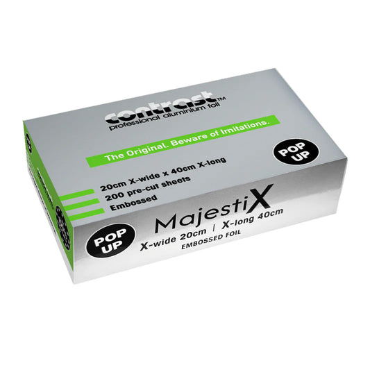 Contrast Professional MajestiX X-Wide Pop Up Foil box containing 200 sheets of 20x40cm professional hair coloring foils