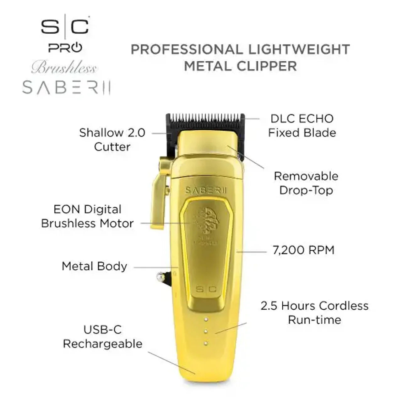 Style Craft by Silver Bullet Saber 2.0 Professional Metal Clipper with Digital Brushless EON Motor Gold
