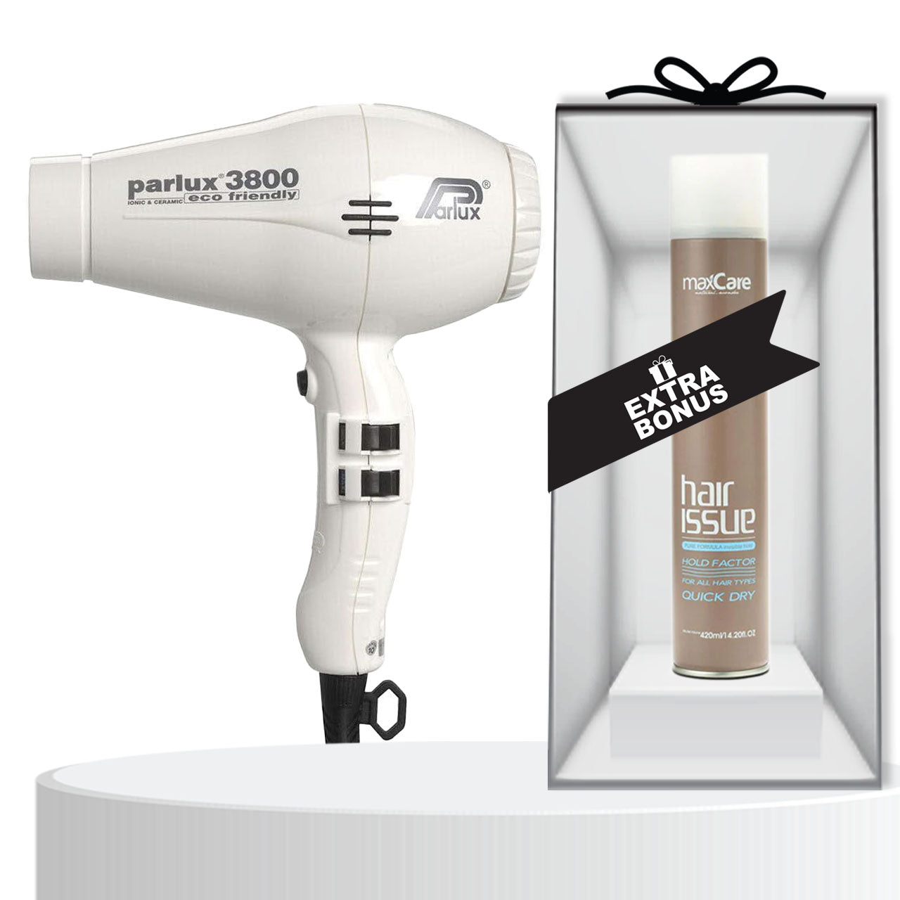 Parlux 3800 Hair Dryer White ** Free Gift Maxcare Hair Spray 420ML **