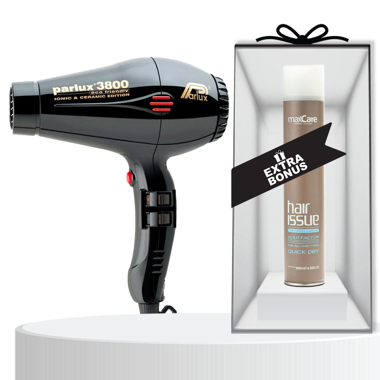 Parlux 3800 Hair Dryer Black ** Free Gift Maxcare Hair Spray 420ML**
