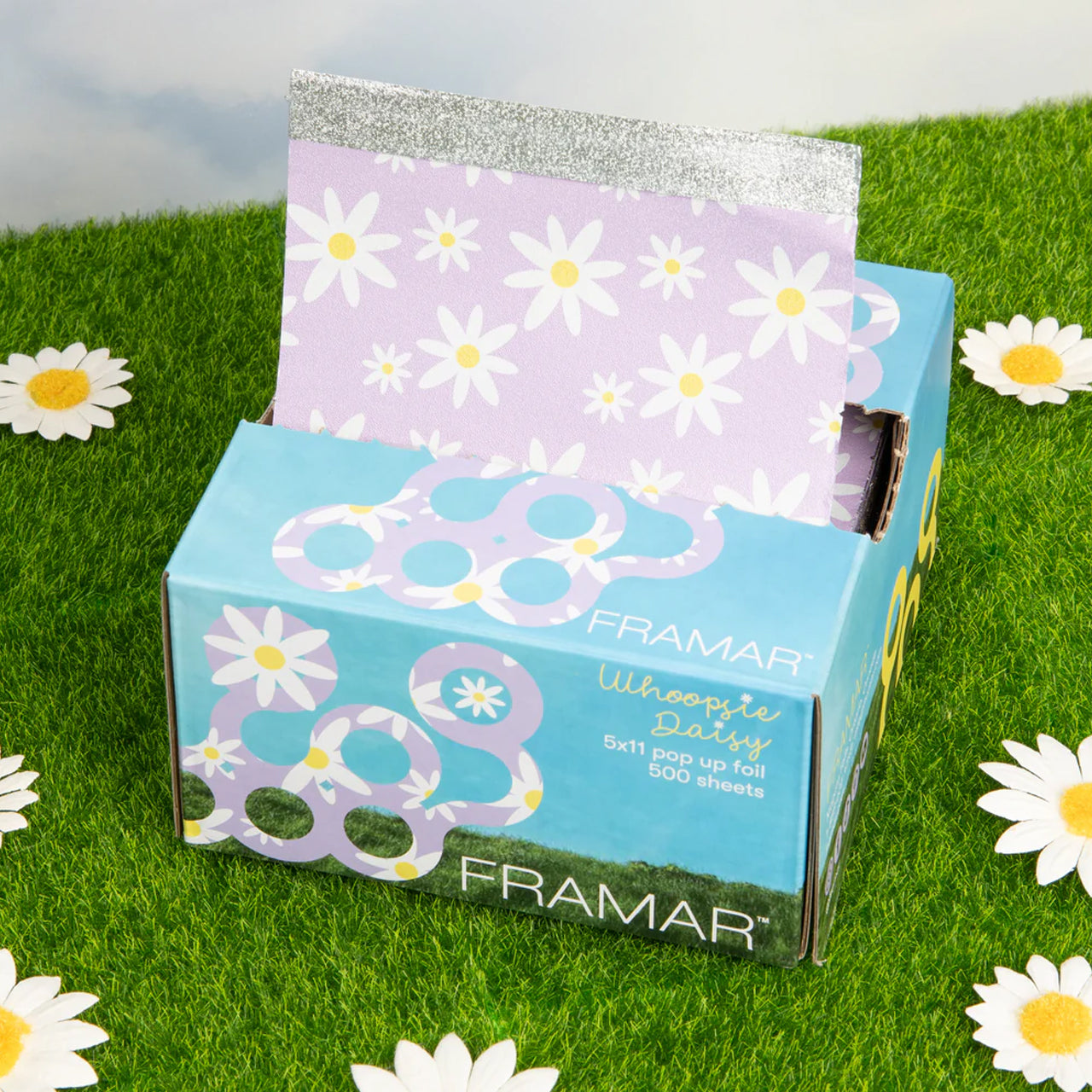 Close-up of Framar Whoopsie Daisy Pop Up Foils showing floral embossed texture and pre-folded edges