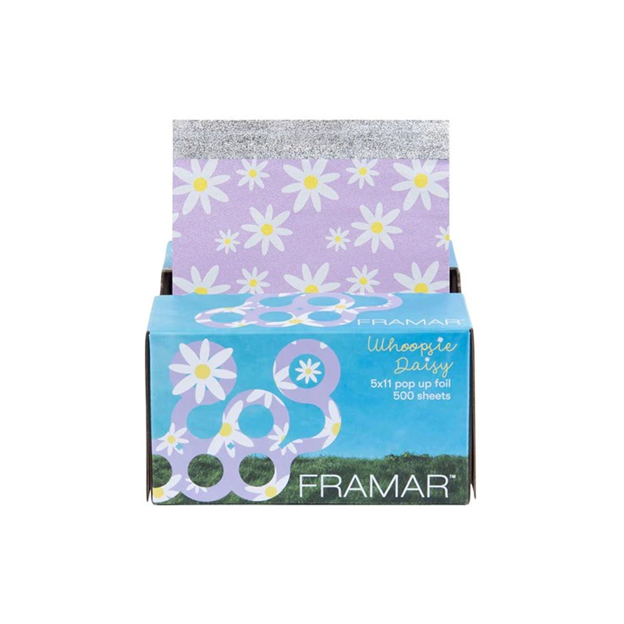 Professional stylist using Framar Whoopsie Daisy Pop Up Foils for hair highlighting with daisy pattern visible