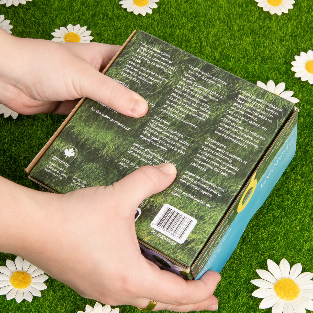 Framar Whoopsie Daisy Pop Up Foils 500-sheet box displaying daisy pattern and professional specifications