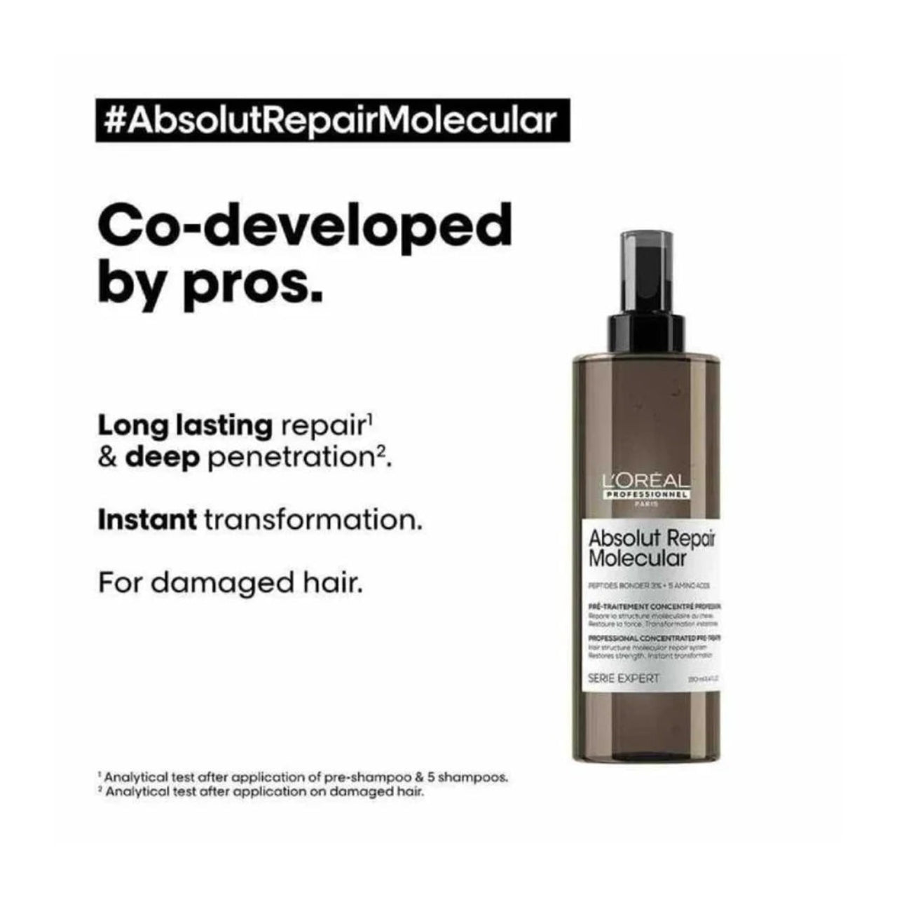 Professional hair treatment product showing L'Oréal Absolut Repair Molecular Pre Treat in use, demonstrating application on damp hair