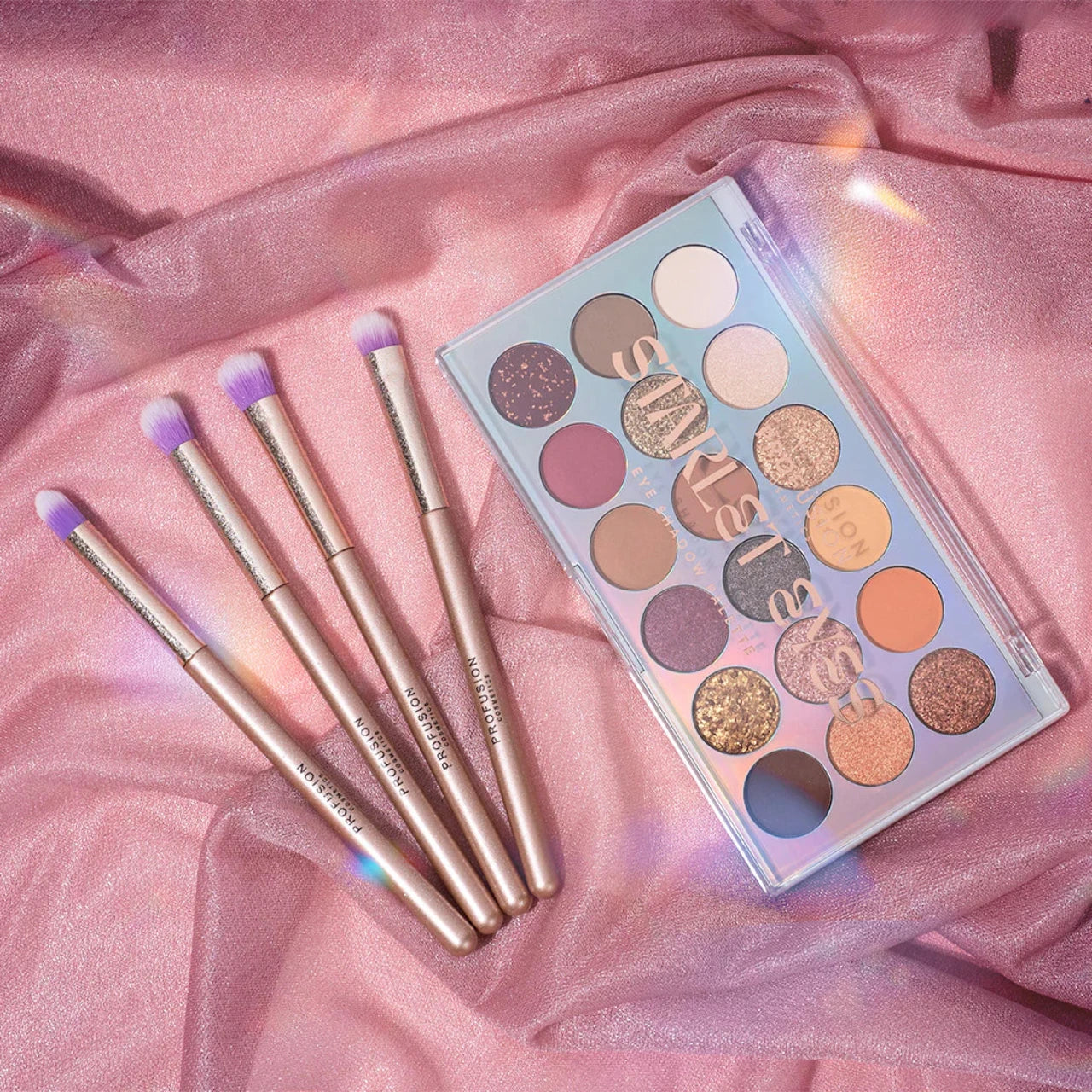 Components of the Profusion Starlet Eyes Palette Brush Set including palette and brushes.