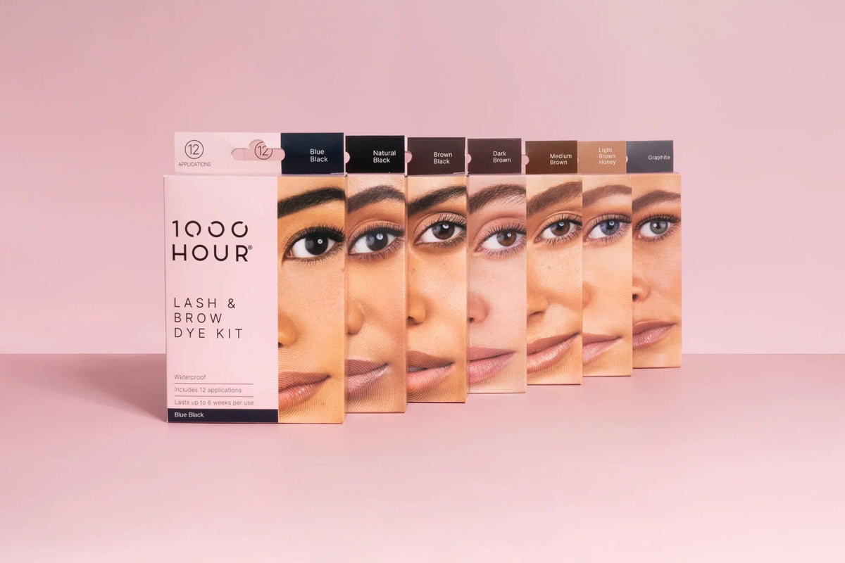 1000 Hour professional lash and brow tinting kit with application tools on white background, complete salon-quality home dye set