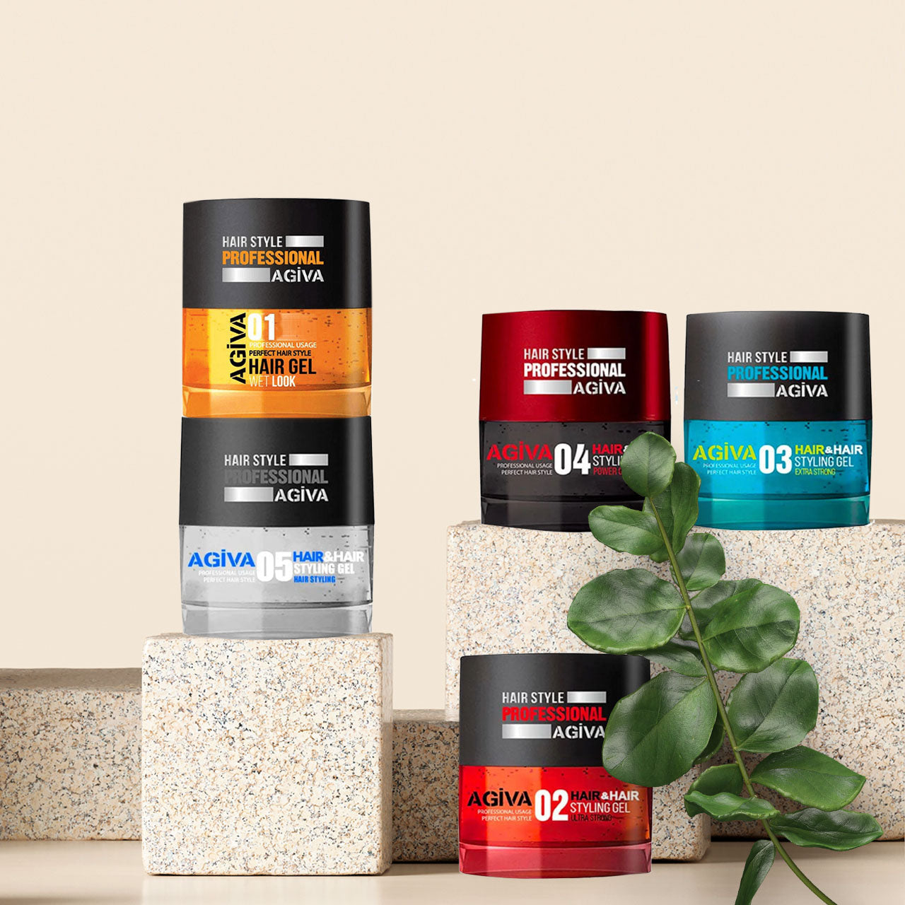 Professional salon styling collection of Agiva hair gels, displaying premium product range for professional hair styling needs