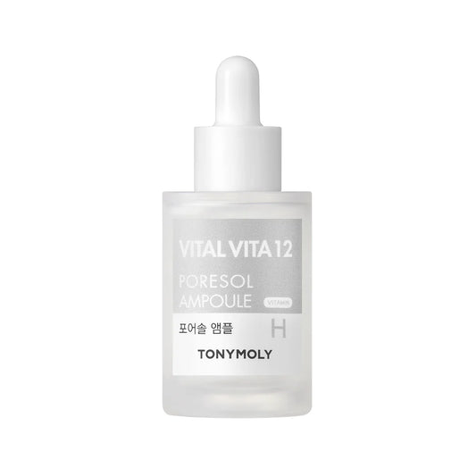 TONYMOLY Vital Vita 12 Poresol Ampoule 30ml glass bottle with dropper, featuring clear serum formula in premium packaging, Korean skincare solution for pore care