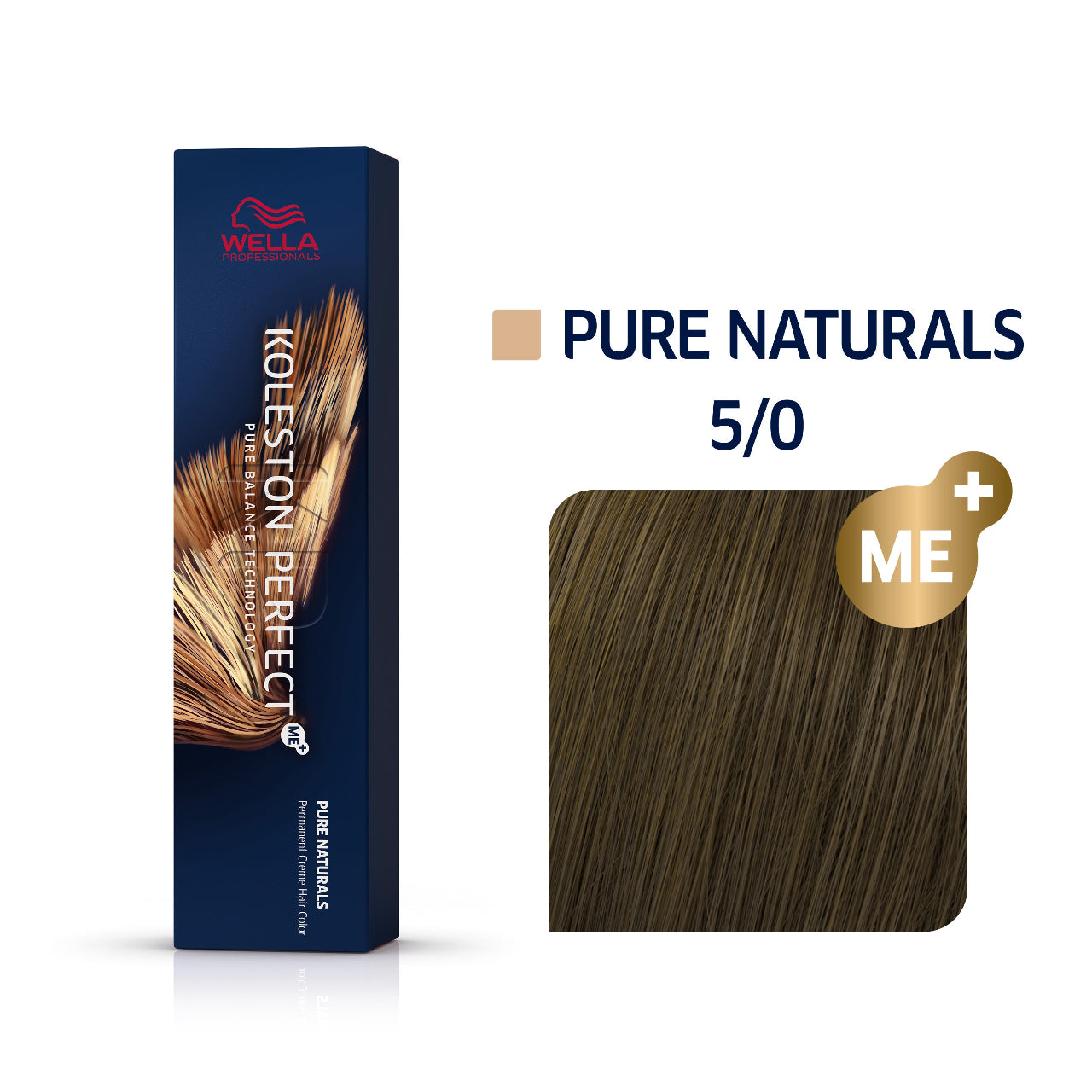 Wella Koleston Perfect ME+ Pure Naturals 5/0 professional hair color featuring navy blue product box and color swatch showing light brown natural shade with ME+ technology
