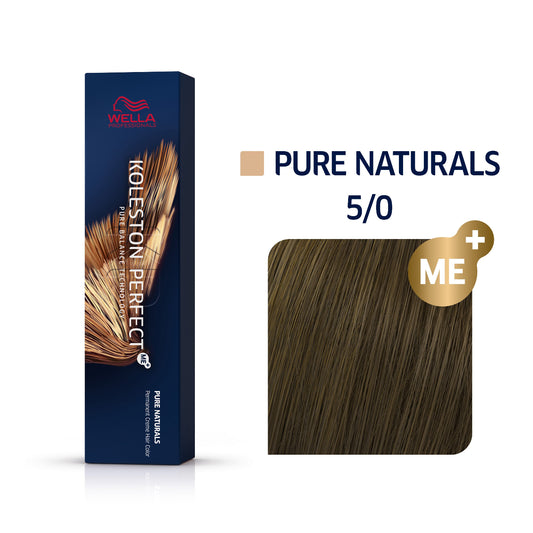 Wella Koleston Perfect ME+ Pure Naturals 5/0 professional hair color featuring navy blue product box and color swatch showing light brown natural shade with ME+ technology