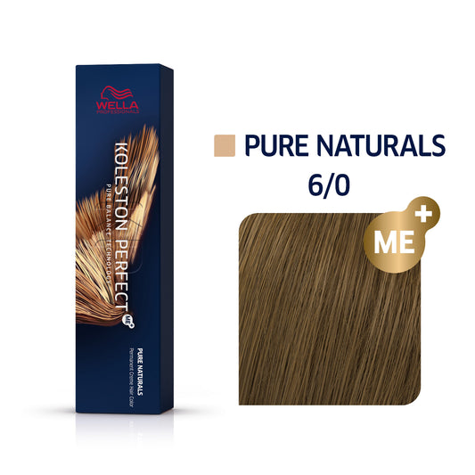 Wella Koleston Perfect ME+ Pure Naturals 6/0 professional hair color featuring navy blue product box and color swatch showing dark blonde natural shade with ME+ technology