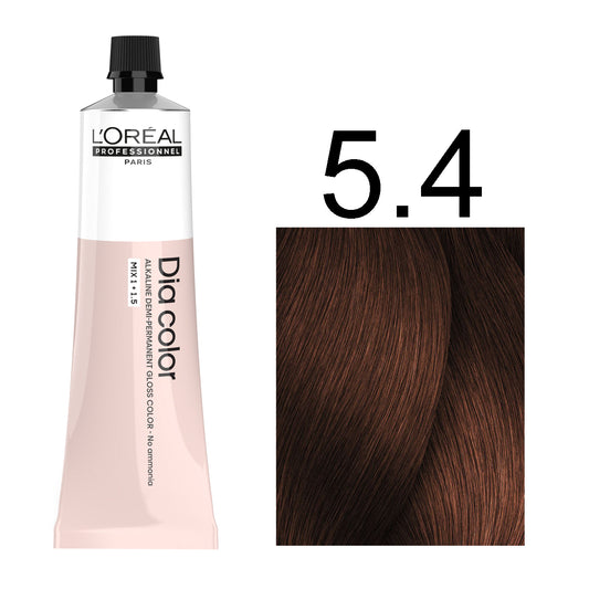 L'Oréal Professionnel Dia Color professional hair dye in shade 5.4 Light Copper Brown, 60ML tube, ammonia-free permanent color for warm copper-toned brown results