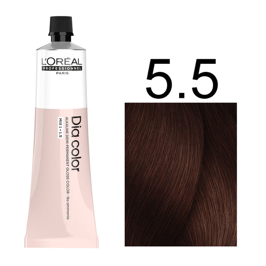 L'Oréal Professionnel Dia Color professional hair dye in shade 5.5 Light Mahogany Brown, 60ML tube, ammonia-free permanent color for rich reddish-brown results