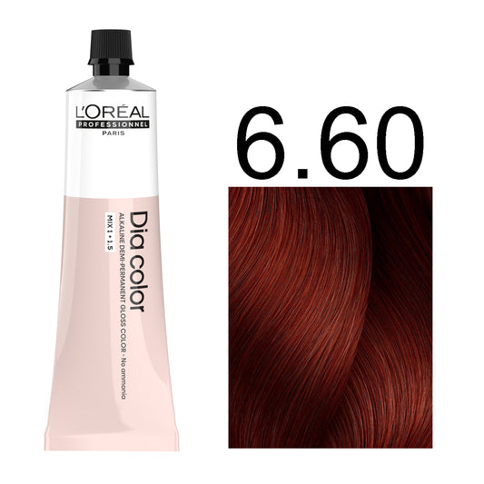 L'Oréal Professionnel Dia Color professional hair dye in shade 6.60 Dark Intense Red Blonde, 60ML tube, ammonia-free permanent color for vibrant red-blonde results"
