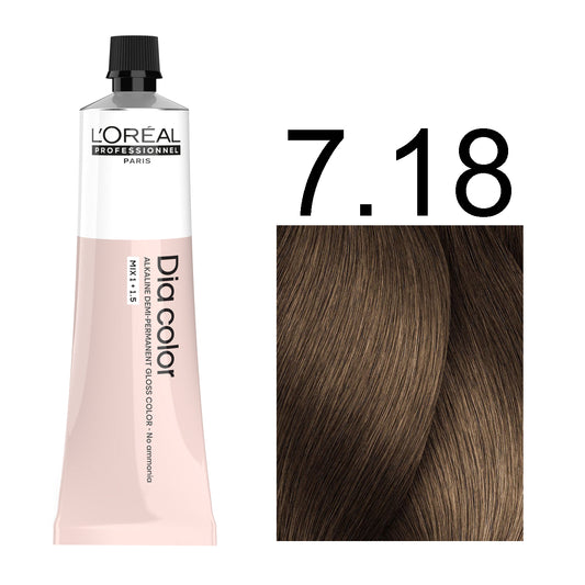 L'Oréal Professionnel Dia Color professional hair dye in shade 7.18 Ash Mocha Blonde, 60ML tube, ammonia-free permanent color for cool coffee-toned blonde results