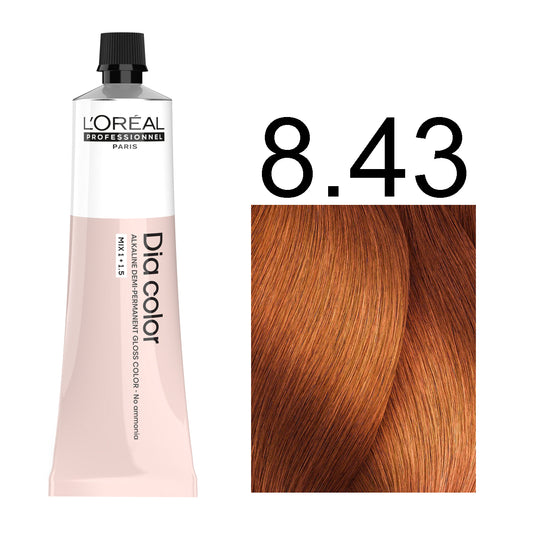 L'Oréal Professionnel Dia Color professional hair dye in shade 8.43 Light Copper Gold Blonde, 60ML tube, ammonia-free permanent color for warm copper-gold blonde results