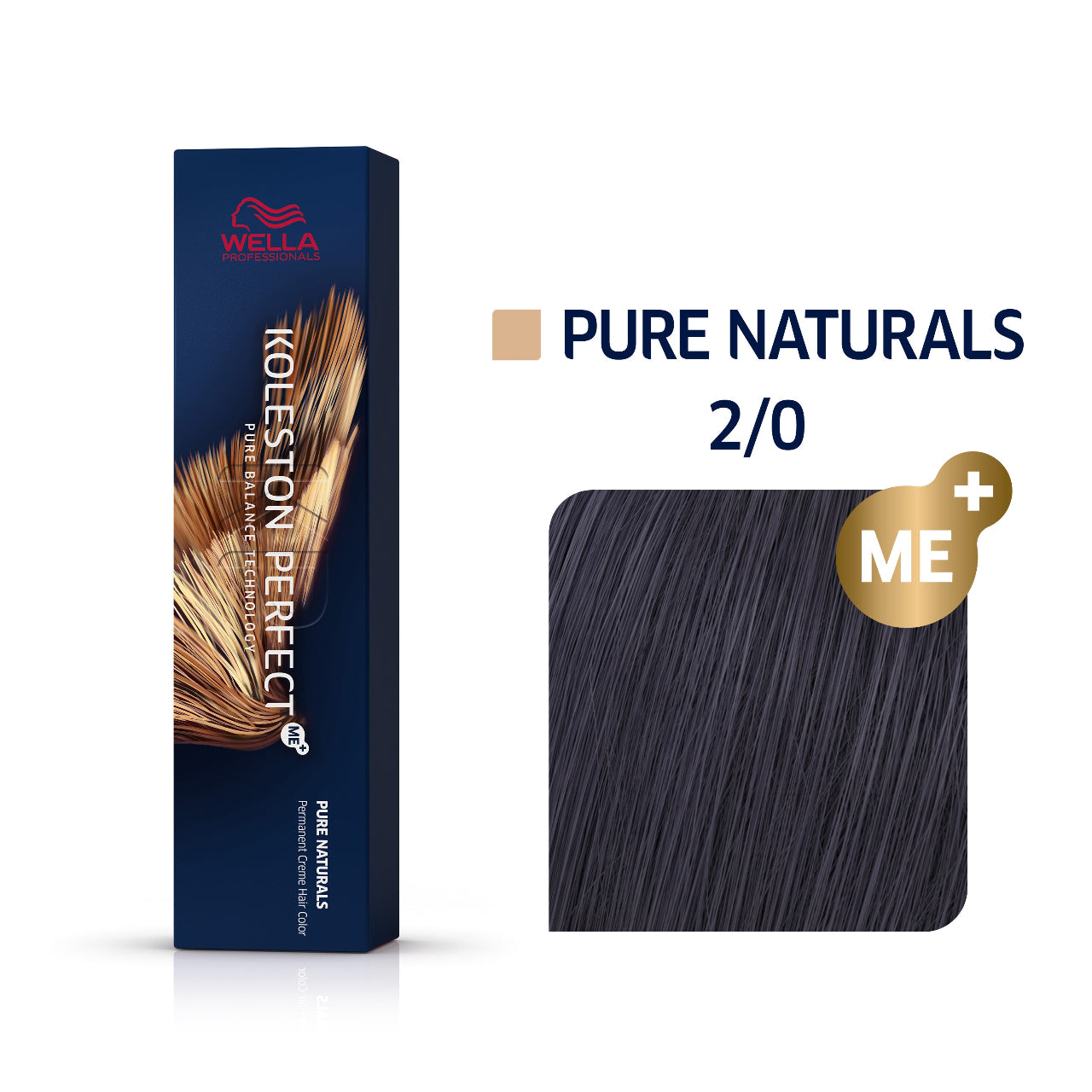Wella Koleston Perfect ME+ Pure Naturals 2/0 professional hair color featuring navy blue product box and color swatch showing darkest black shade with ME+ technology