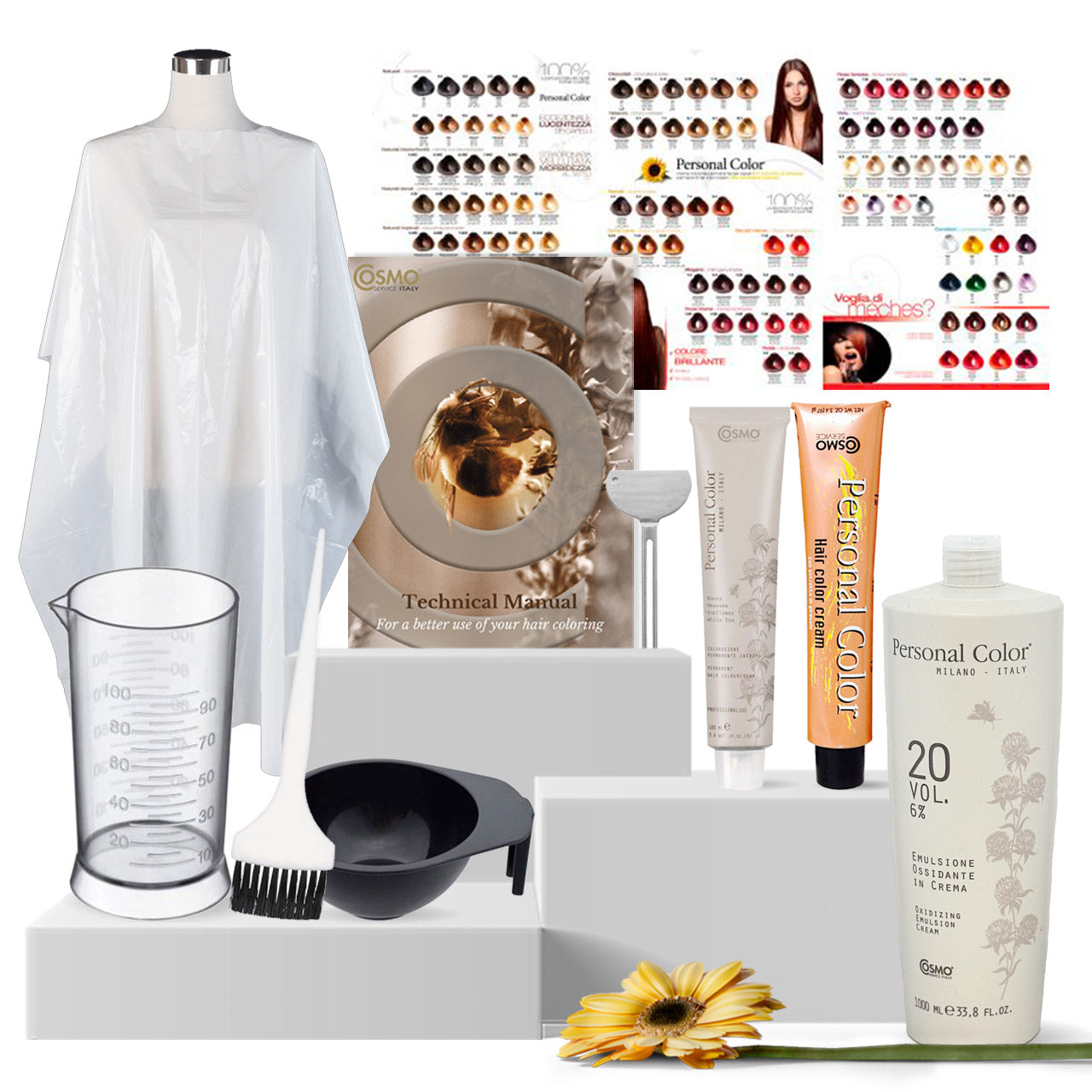 A collection of 36 personal color tubes arranged in a grid, showcasing a variety of shades for hair coloring