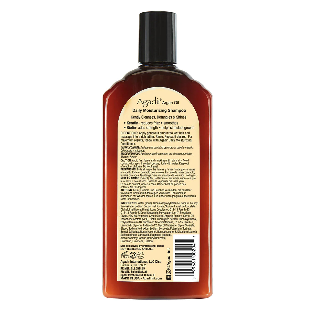 Agadir Argan Oil Daily Moisturising Shampoo 355ml bottle next to argan nuts and oil, highlighting natural ingredients.