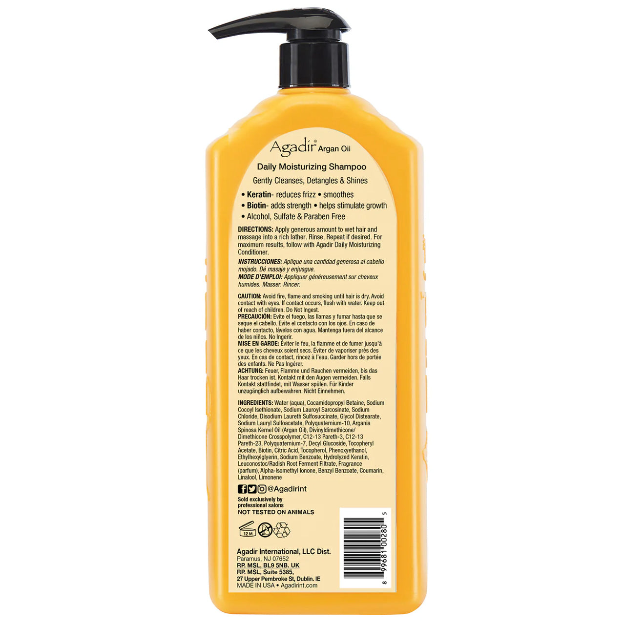 Agadir Argan Oil Daily Moisturizing Shampoo 1L bottle next to argan nuts and oil, highlighting natural ingredients.