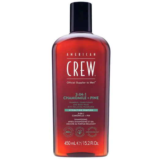 American Crew 3-in-1 Chamomile + Pine Shampoo 450ML bottle for cleansing, conditioning, and refreshing.
