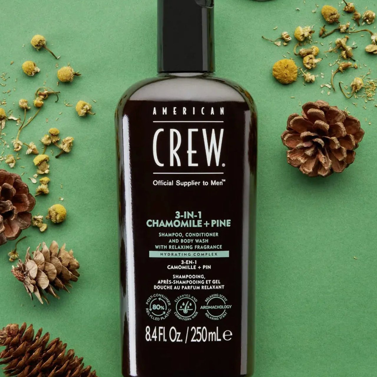 American Crew all-in-one 3-in-1 shampoo, conditioner, and body wash with chamomile and pine.