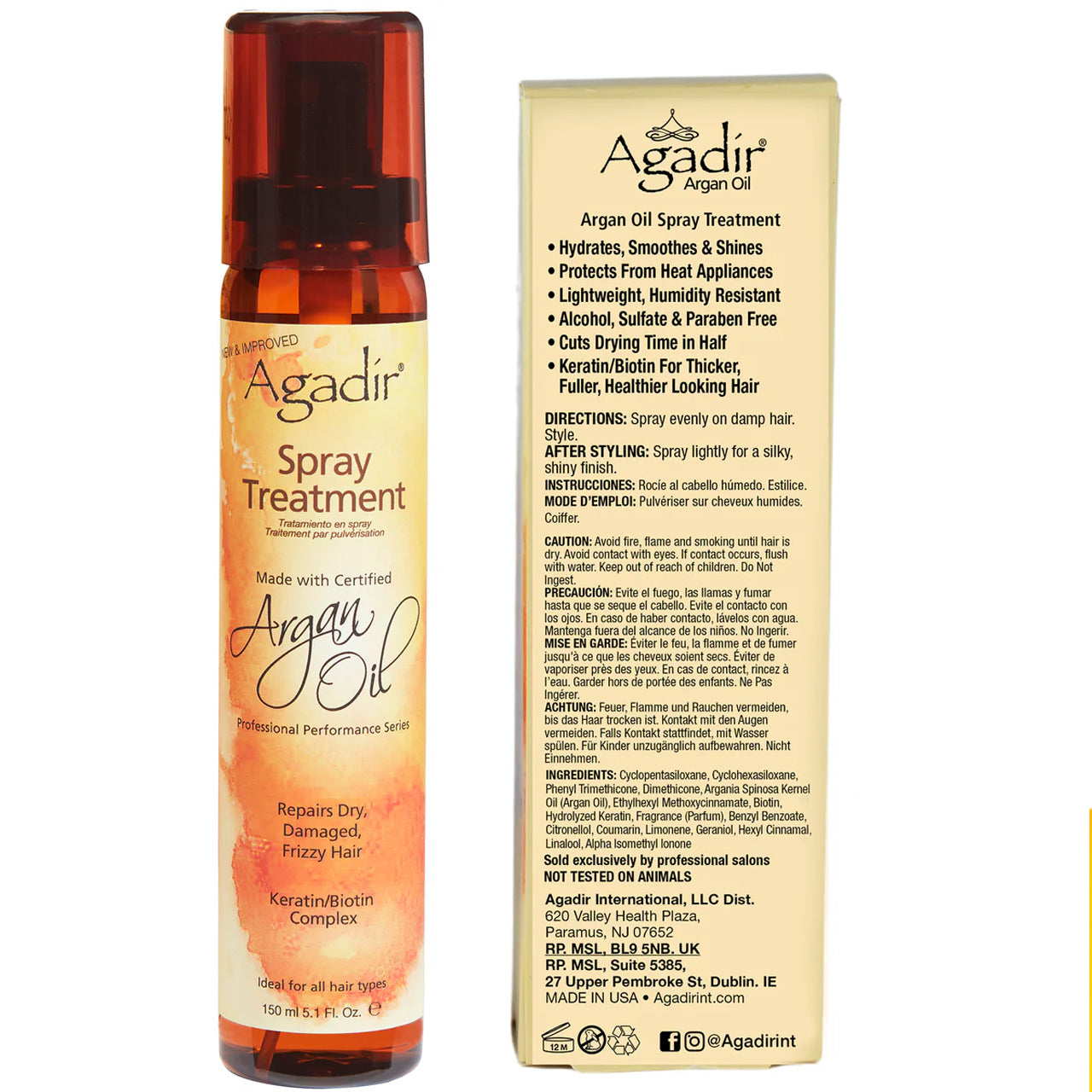 Back view of the Agadir Argan Oil Spray Treatment bottle displaying product details and ingredient list.