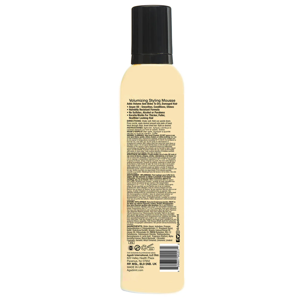 Back view of the styling mousse can displaying product details and ingredient list.
