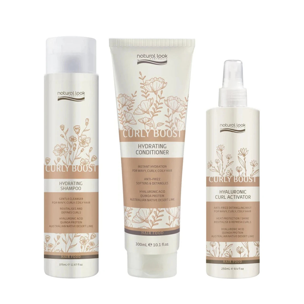 Close-up of the complete curly hair care set products showing textures and packaging.