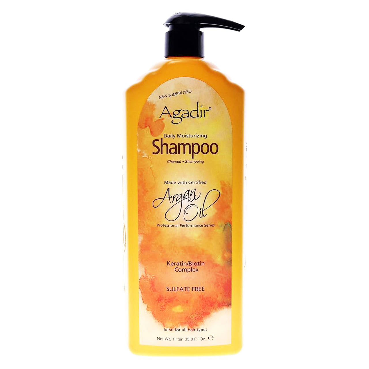 Front view of the Agadir Argan Oil Daily Moisturizing Shampoo 1L bottle with label facing forward.