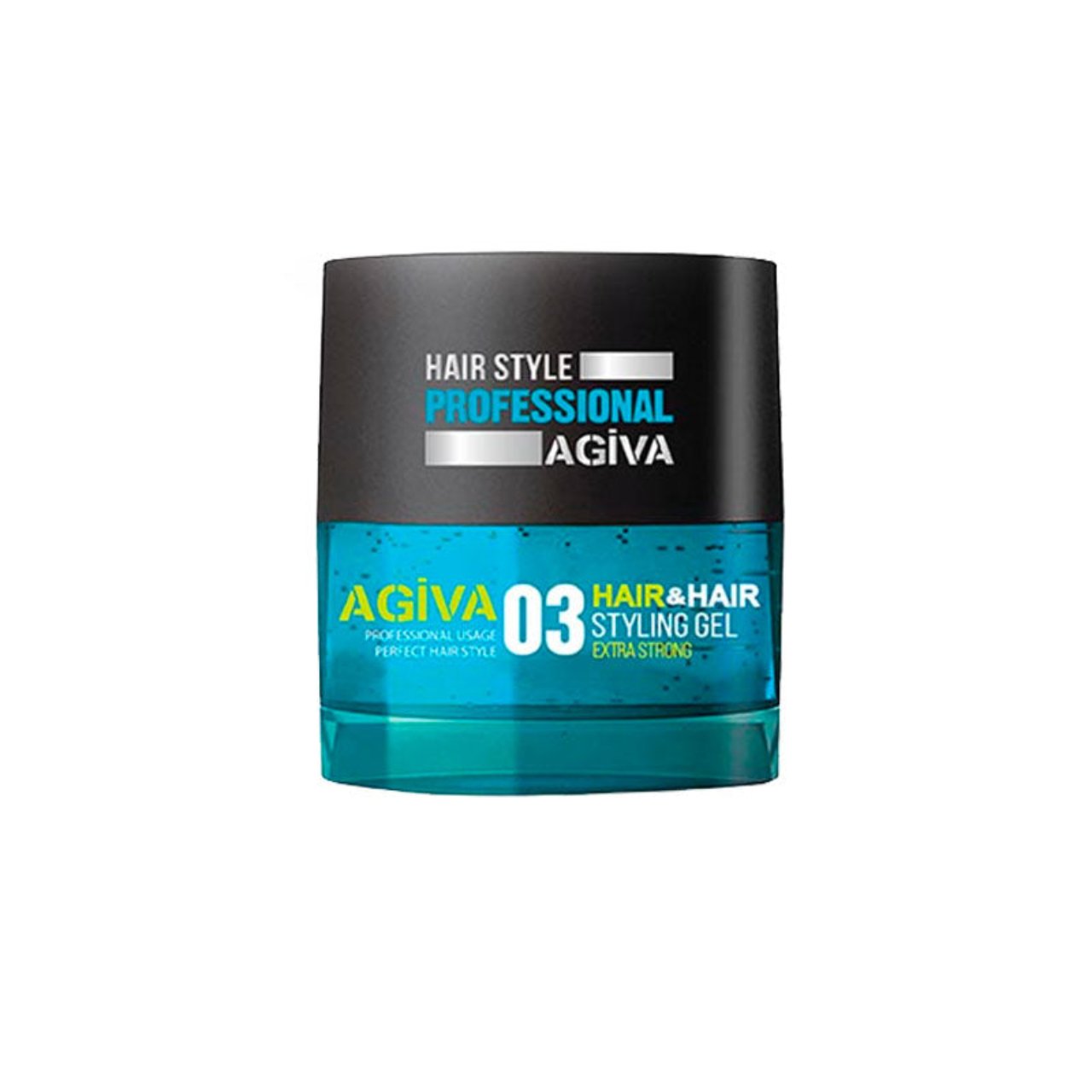 Front view of the Agiva Styling Gel Extra Strong 03 Blue 700ml jar with label facing forward.