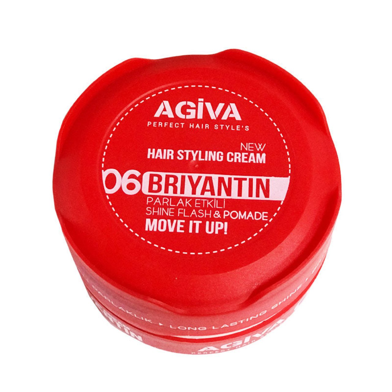 Front view of the Agiva Wax Briyantin 06 Red High Shine Hair Styling Wax 150ml jar with label facing forward.