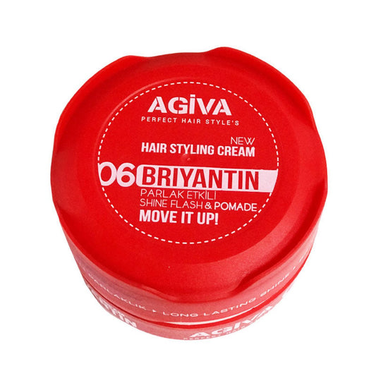 Front view of the Agiva Wax Briyantin 06 Red High Shine Hair Styling Wax 150ml jar with label facing forward.