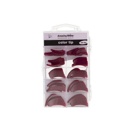 Front view of the Amazing Shine Coloured Nail Tips Burgundy 100pk packaging with nail tips displayed.