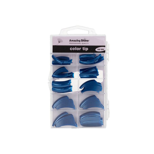 Front view of the Amazing Shine Coloured Nail Tips Metallic Blue 100pk packaging with nail tips displayed.