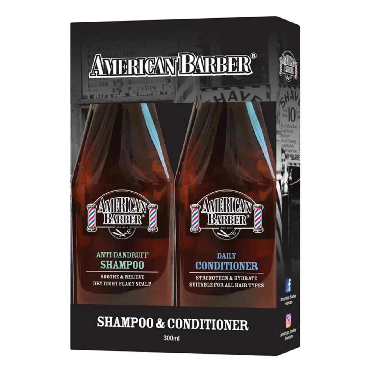 Front view of the American Barber Anti Dandruff Duo Shampoo and Conditioner 300ml bottles with labels facing forward.